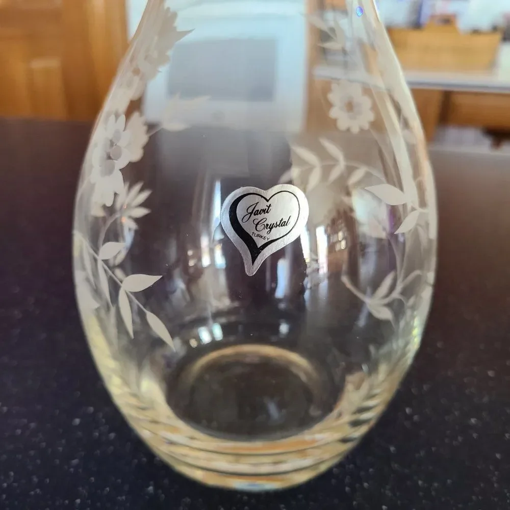 Javit Crystal Wine Decanter Made In Turkey Etched Floral Glass Barware